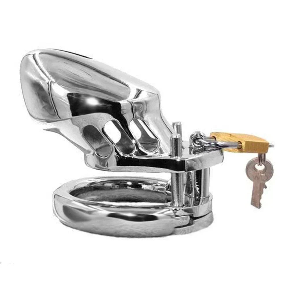 Polished stainless steel male chastity cage with padlock and keys on a white background