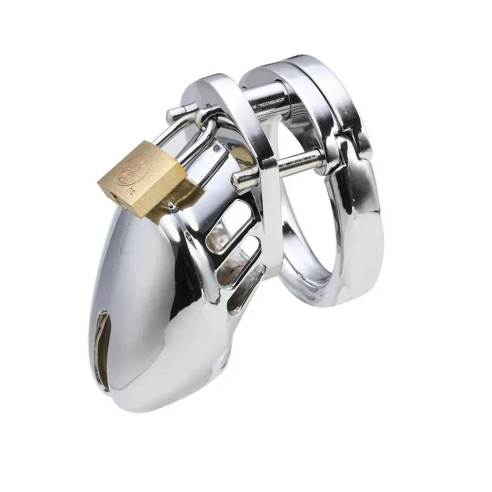 Metal male chastity cage with brass padlock and base ring