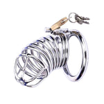 Stainless steel chastity cage front view with spiral body and external lock point