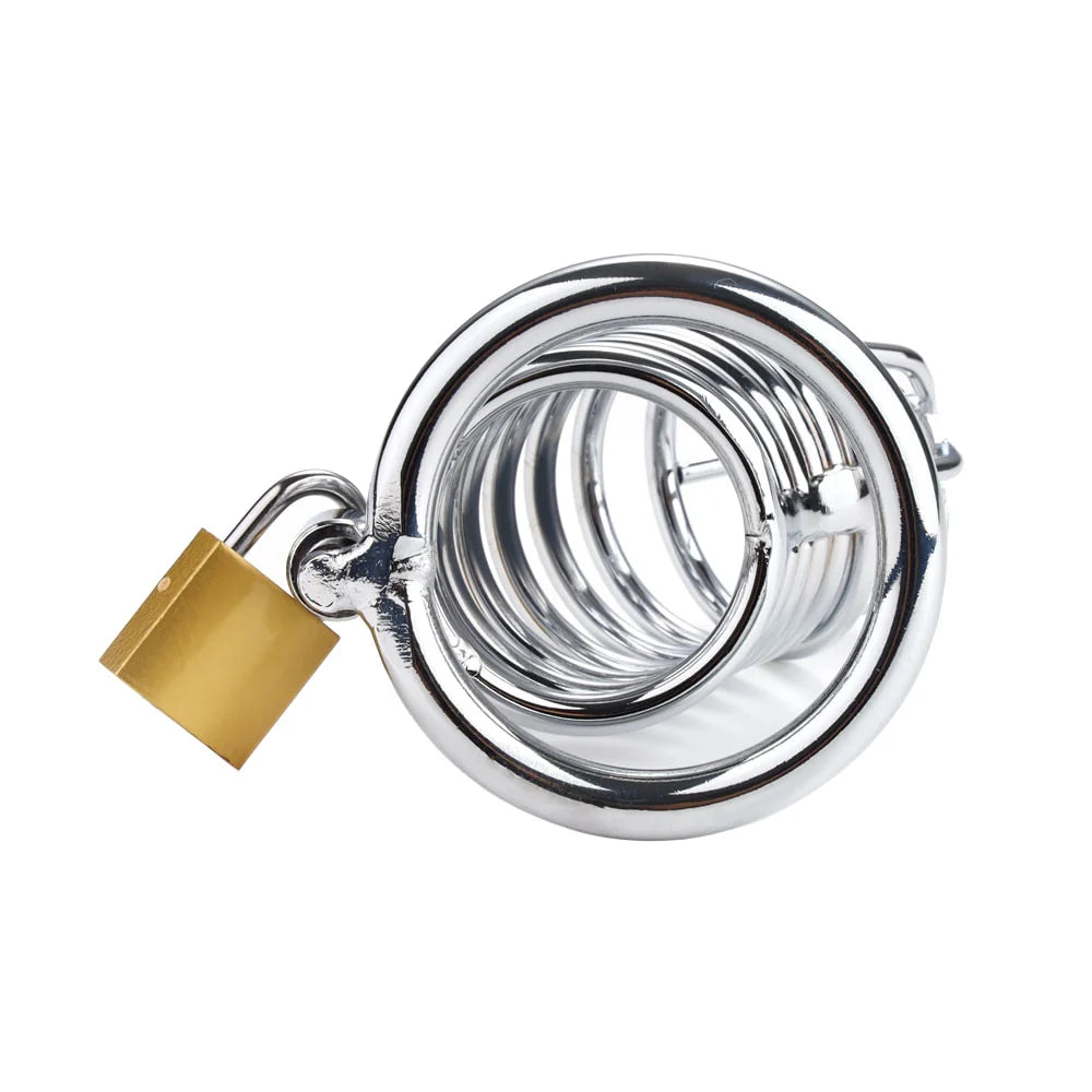 Rear view of stainless steel chastity cage showing open spiral structure