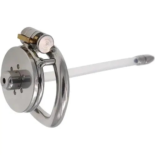 Flat chastity cage with attached silicone clear urethra 