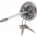 Flat chastity cage with attached silicone clear urethra and keys