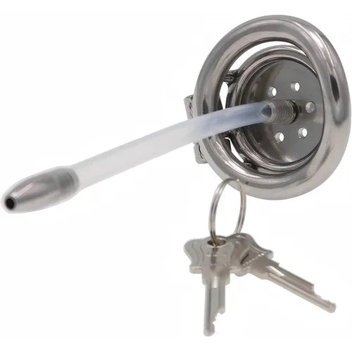 Flat chastity cage with attached silicone clear urethra and keys