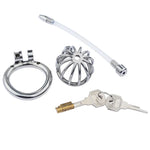 Metal chastity with urethral tube and keys on a white background