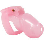 Pink chastity cage tip view showing open design for easy urination