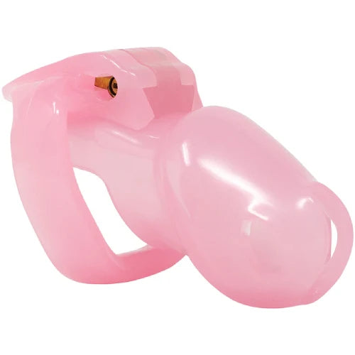 Pink chastity cage tip view showing open design for easy urination