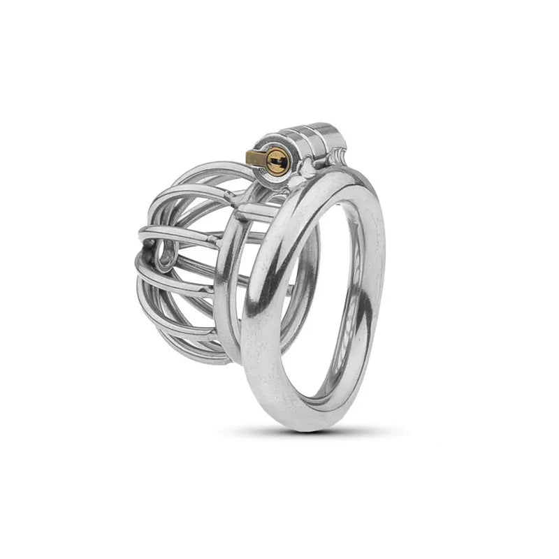 Metallic Metal chastity  with side angle on a white background