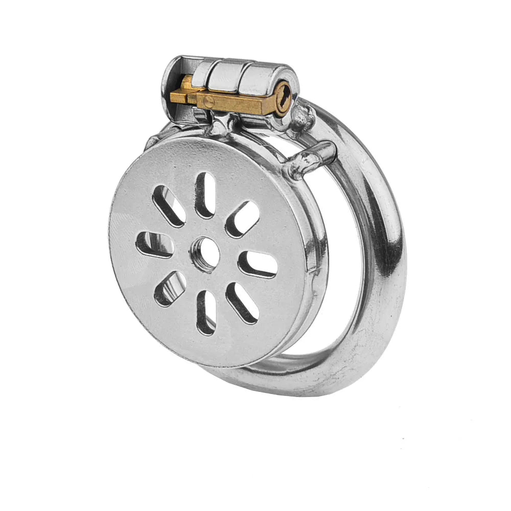 Flat Metal Chastity Cage side angle white background