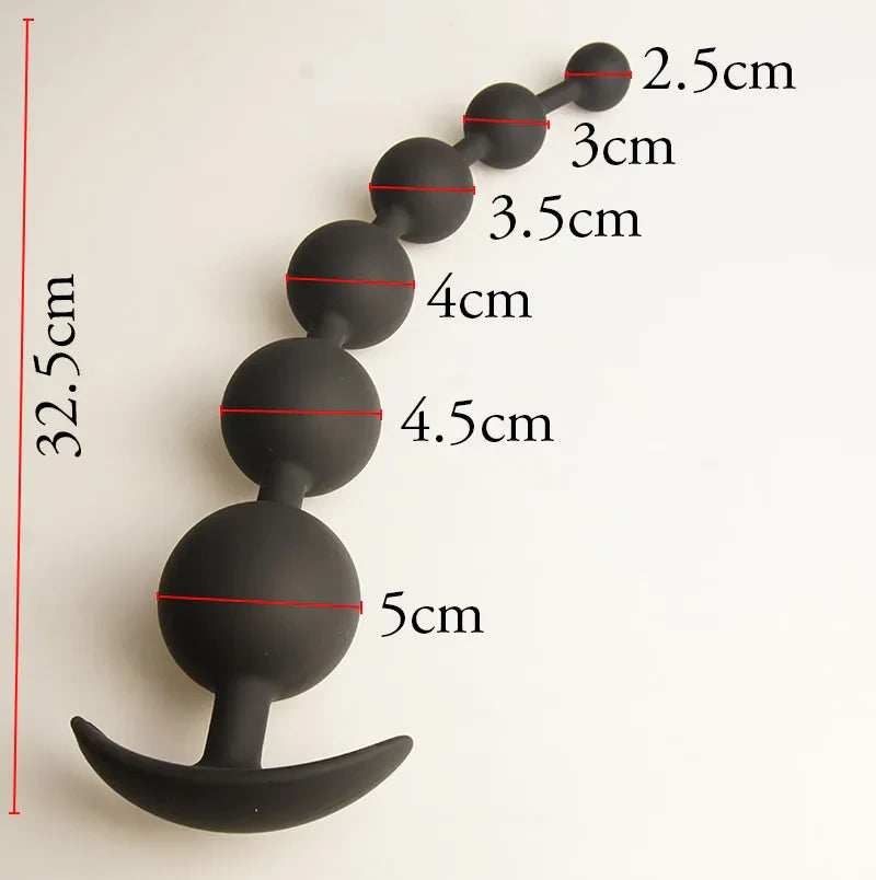 Black silicone Anal Beads with measurements on a white background