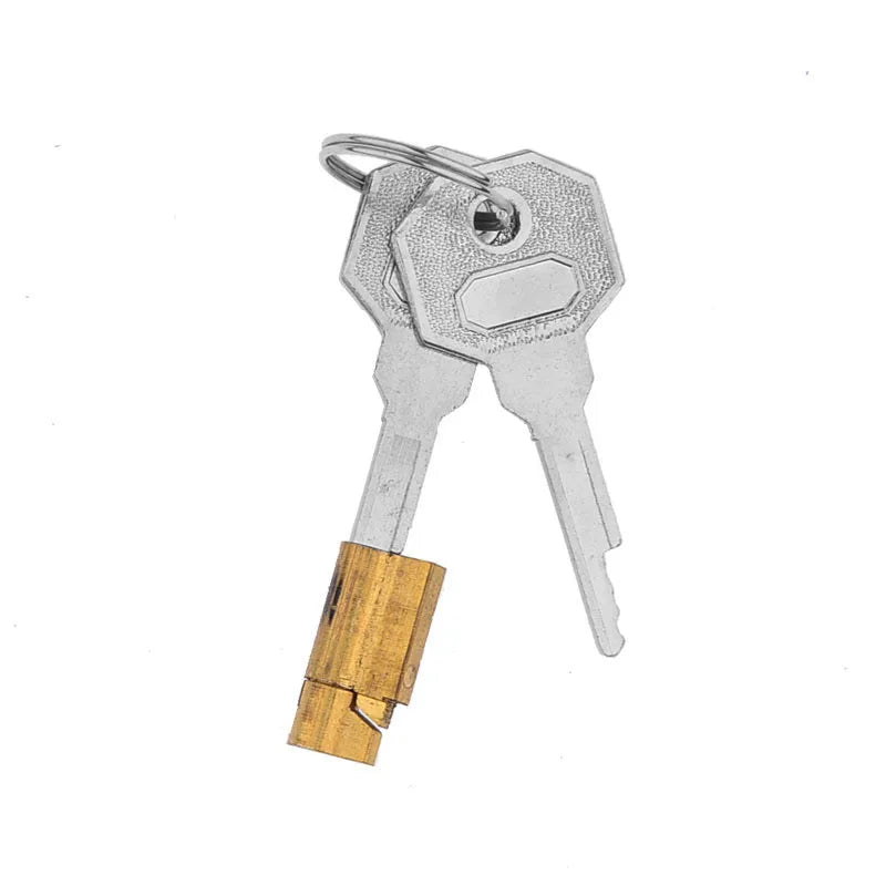 Set of keys with a brass lock on a white background