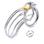 Metallic chastity device with a gold 45 mm lock on a white background