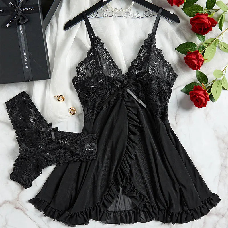 Sheer Lace V-Neck Babydoll & Thong Set