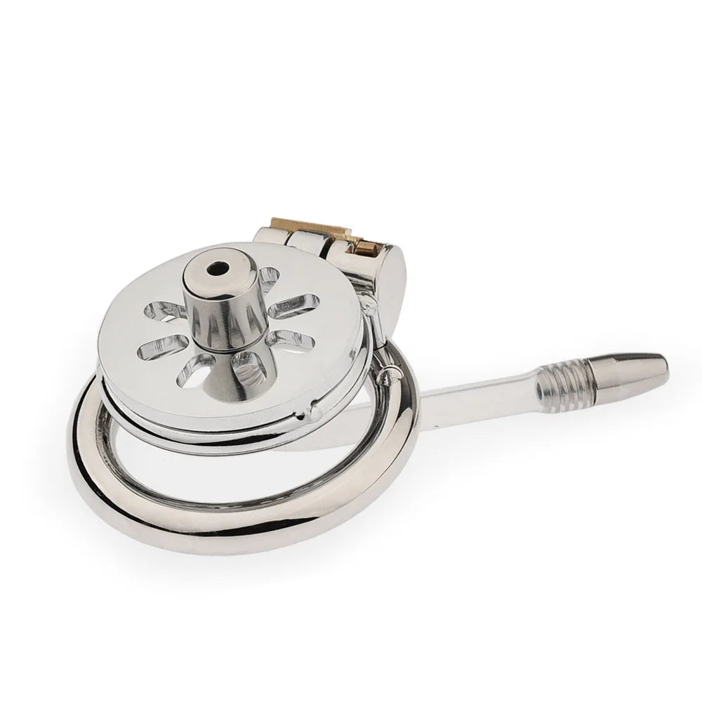 Flat Metal Chastity Cage with urethra on a white background