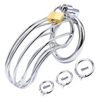 Clear chastity device with gold lock and size measurements on a white background