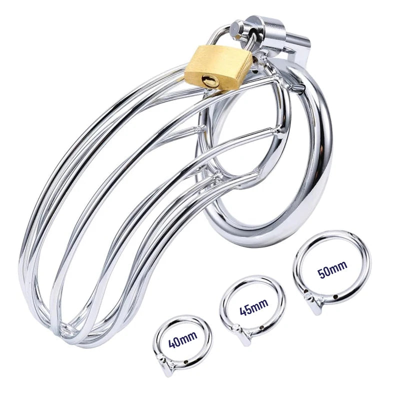 Clear chastity device with gold lock and size measurements on a white background