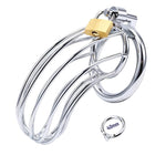 Metallic chastity device with a gold 40 mm lock on a white background