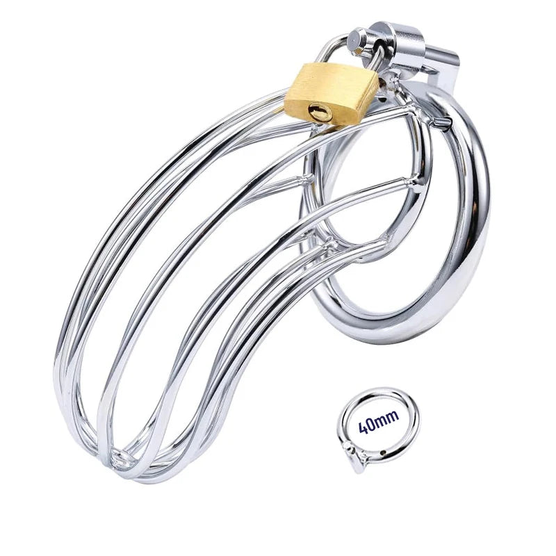 Metallic chastity device with a gold 40 mm lock on a white background