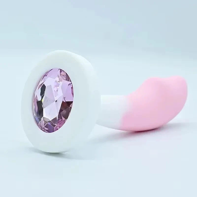 White and pink  Long Curved with a prominent gemstone on a light gray background