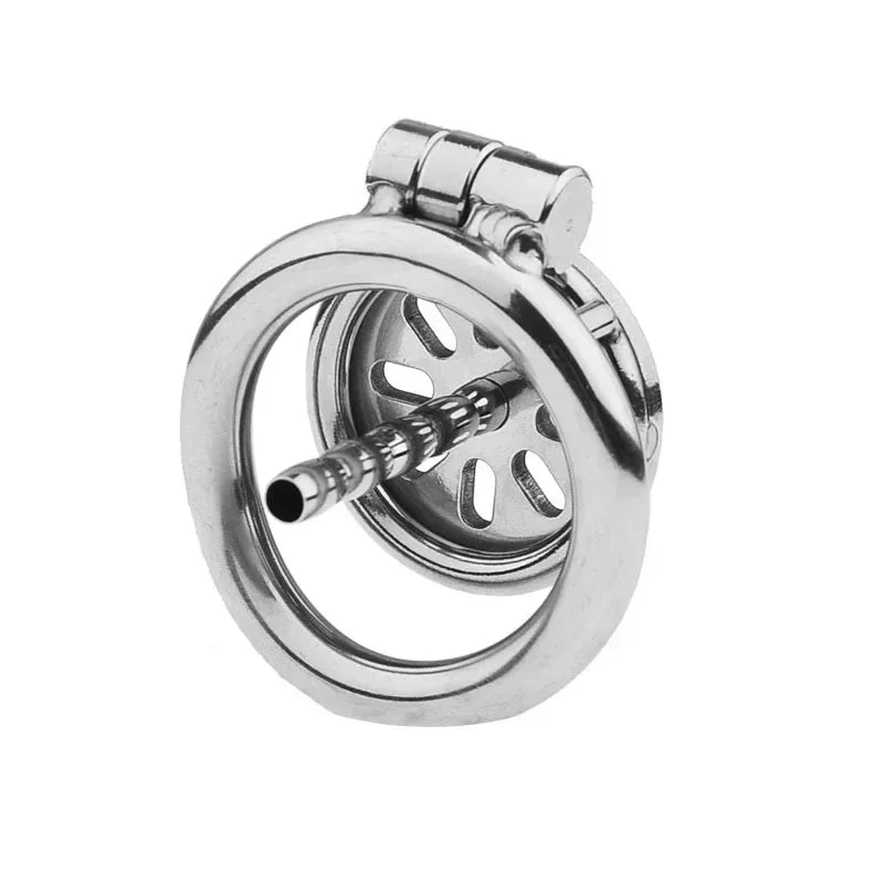 Flat Metal Chastity Cage side angle  on a white background