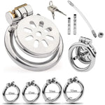 Flat Metal Chastity Cage With Urethra Tube and different sizes rings and keys white background