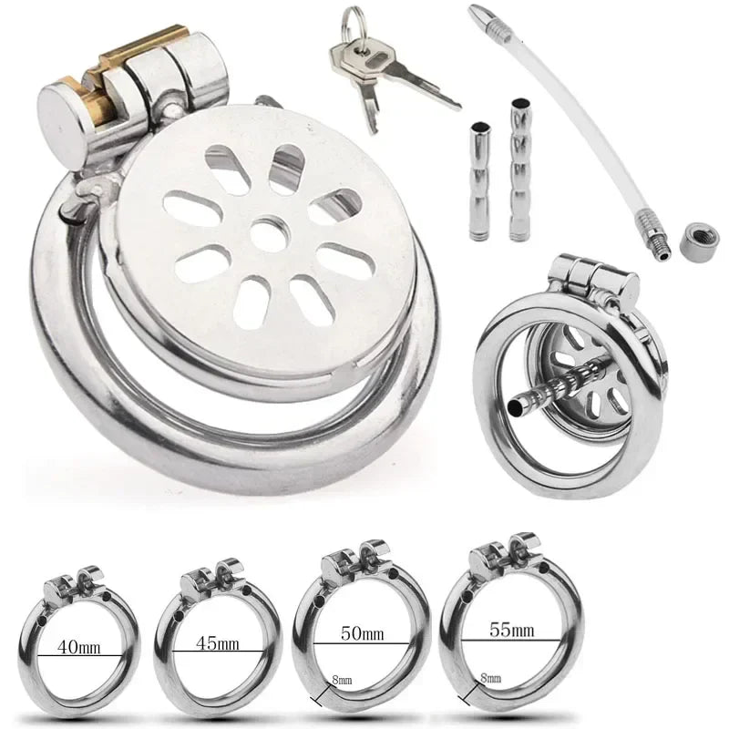 Flat Metal Chastity Cage With Urethra Tube and different sizes rings and keys white background