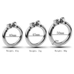 Three metallic rings of different sizes with measurements and weights on a white background