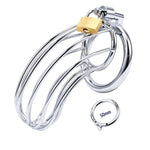 Metallic chastity device with a gold 50 mm lock on a white background