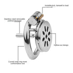 Flat Metal Chastity Cage labeled features on a white background