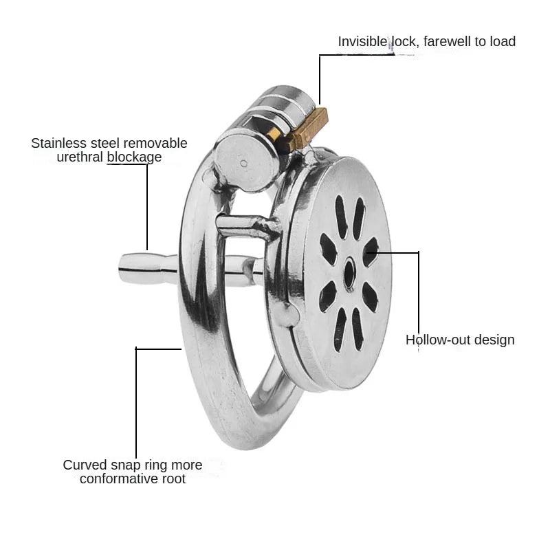 Flat Metal Chastity Cage labeled features on a white background