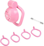 Pink plastic Chastity cage with multiple rings  on a white background