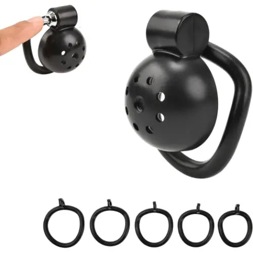Black adjustable Chastity Cages with rings on a white background