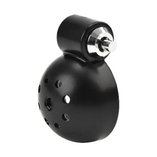 Black spherical chastity cage with a metallic top on a white background
