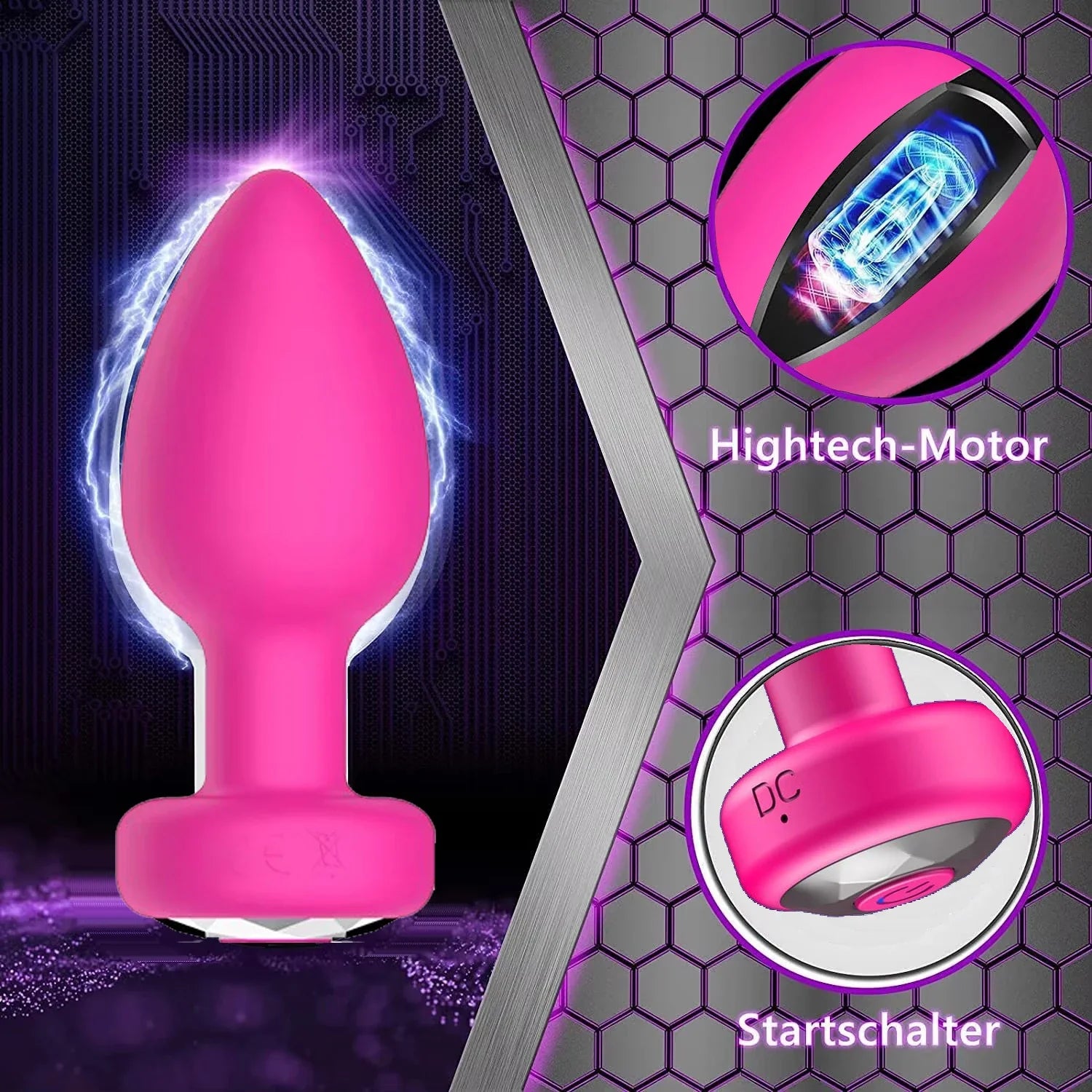 Pink electronic device with high-tech motor and power switch on a dark background