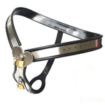 Back strap view of adjustable stainless steel chastity belt with silicone liner