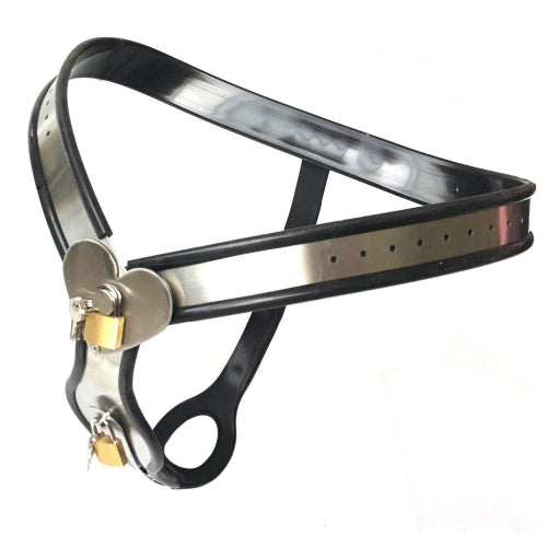 Back strap view of adjustable stainless steel chastity belt with silicone liner