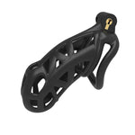 Black cobra chastity cage lock with a gold padlock on a white background