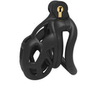 Black cobra chastity cage lock with a gold lock mechanism on a white background