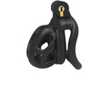 Black cobra chastity cage lock with a gold lock mechanism on a white background