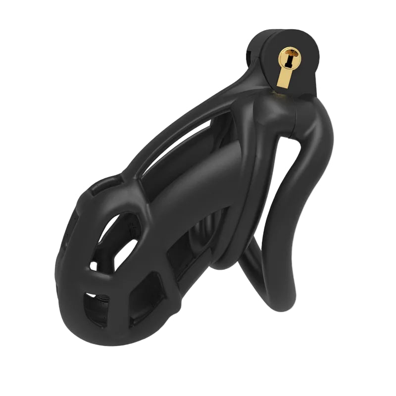 Black cobra chastity cage lock with a gold lock mechanism on a white background