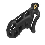 Black standard cobra chastity cage with white background