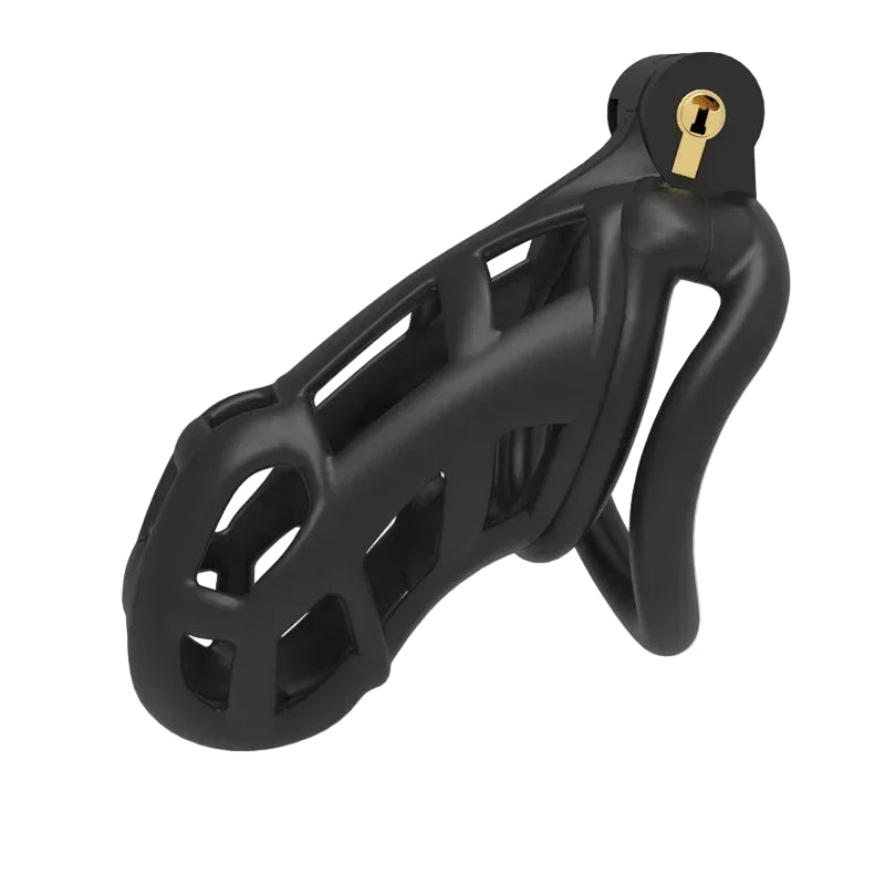 Black standard cobra chastity cage with white background