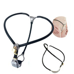 Black female chastity belt shown with stainless steel plate, adjustable straps, and example worn fit