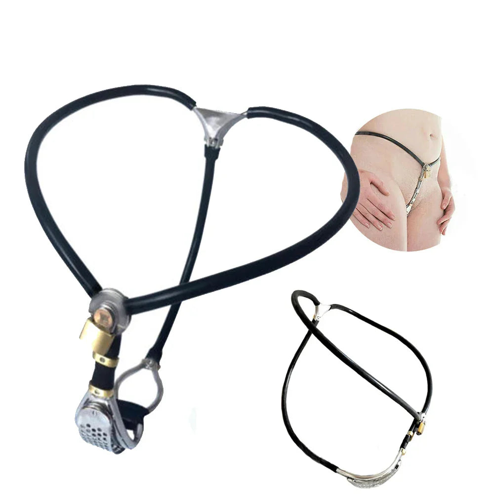 Black female chastity belt shown with stainless steel plate, adjustable straps, and example worn fit