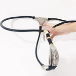 Black female chastity belt with stainless steel front plate, adjustable straps, and secure lock with keys