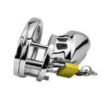 Metallic chastity device with a yellow component on a white background