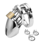 Metal chastity cage with adjustable rings on a white background