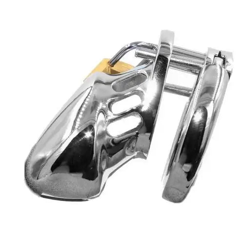 Metallic chastity cage with a gold lock on a white background