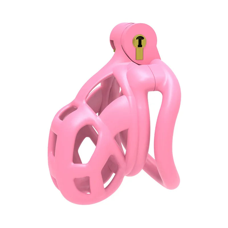 Nano Pink chastity cage with a gold lock on a white background