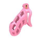 Pink standard chastity cage with a gold lock on a white background