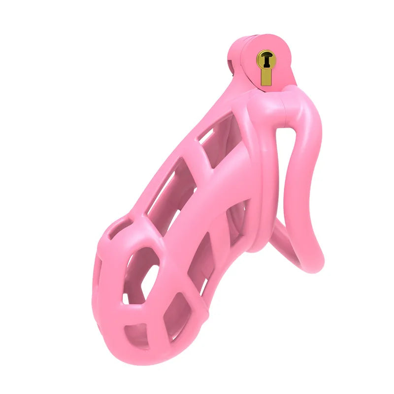 Pink standard chastity cage with a gold lock on a white background